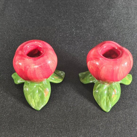 Rare: Franciscan Apple Candlestick Holder Pair Earthenware. 3 1/8 Inch Tall - Picture 1 of 9